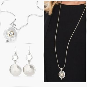 CHICO'S LANYARD PENDANT NECKLACE WITH MATCHING SILVER TONE MEDALLION EAR…